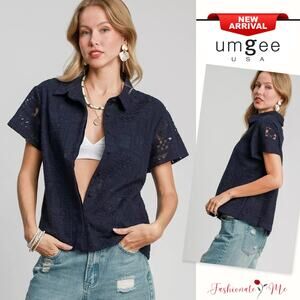 Umgee Lace Patches Detail Short Sleeves Button Down Relaxed Fit Shirt | Navy
